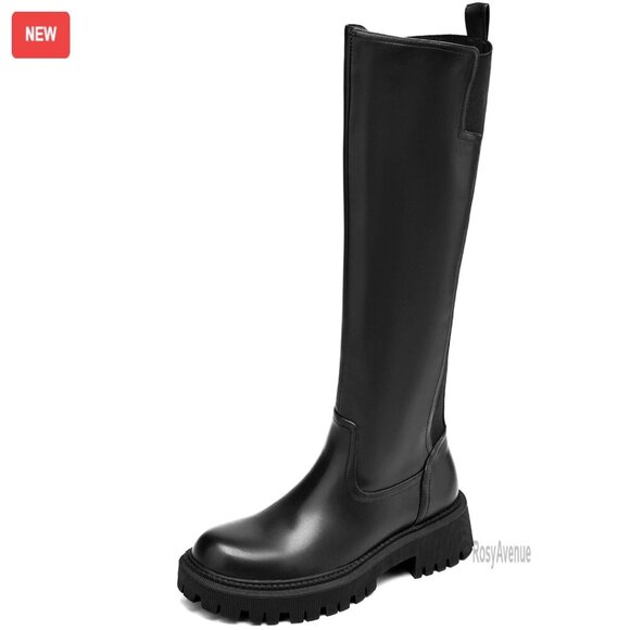 Shoes - Women's Knee High Boots Platform Lug Sole Stretch Calf Riding Boots